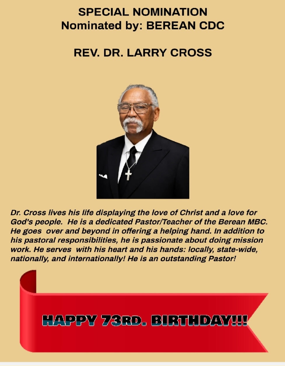 BCDC Senior Citizen Salute — Rev. Dr. Larry Cross birthday nomination